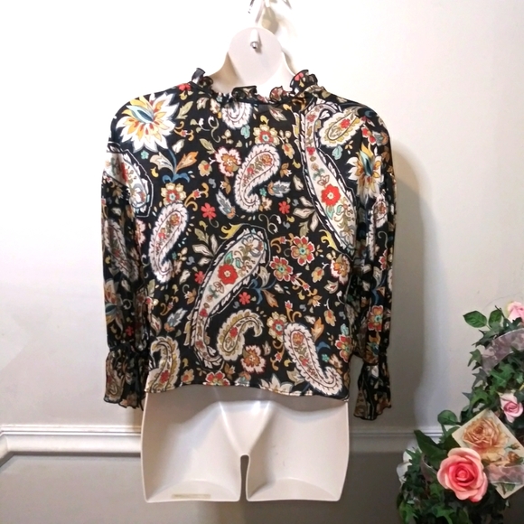Zara Black, Rust, Ivory & Turquoise Boho Paisley Floral Cropped Gauzy Blouse - Picture 8 of 12